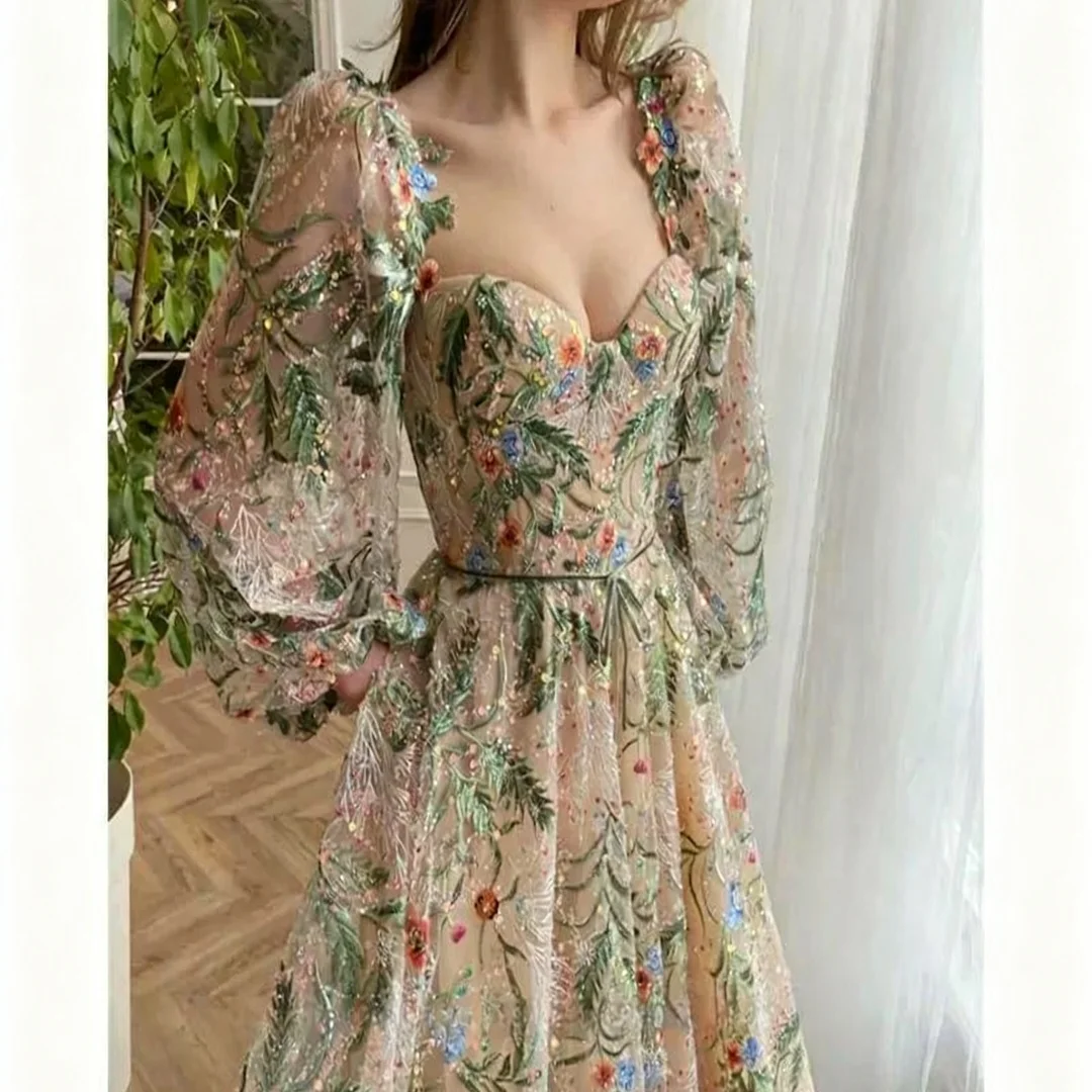 Maßgeschneiderte elegante Partykleider mit quadratischem Kragen und langen Ärmeln, formelle Abendkleider, Geburtstagsfeier-Abschlussballkleider für Frauen