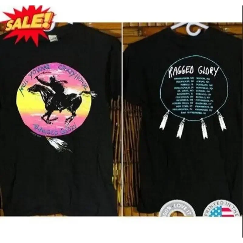 Neil Young Crazy Horse Ragged Glory 1991 Tour Black T Shirt Size S 5XL