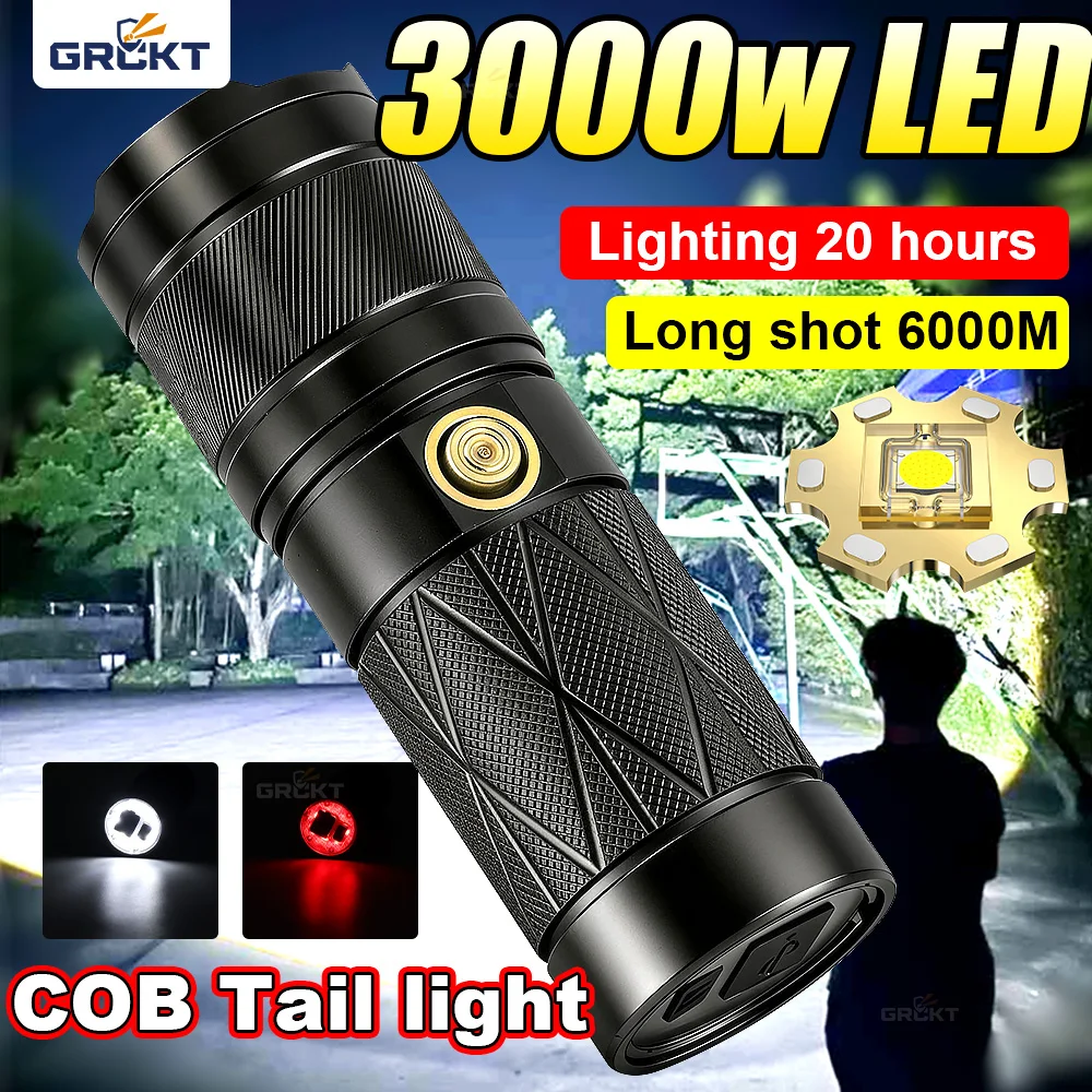 3000W Strong Lights Lantern High Power LED Flashlights USB Rechargeable Powerful Tactical Torch Long Range Lamps Outdoor Fishing