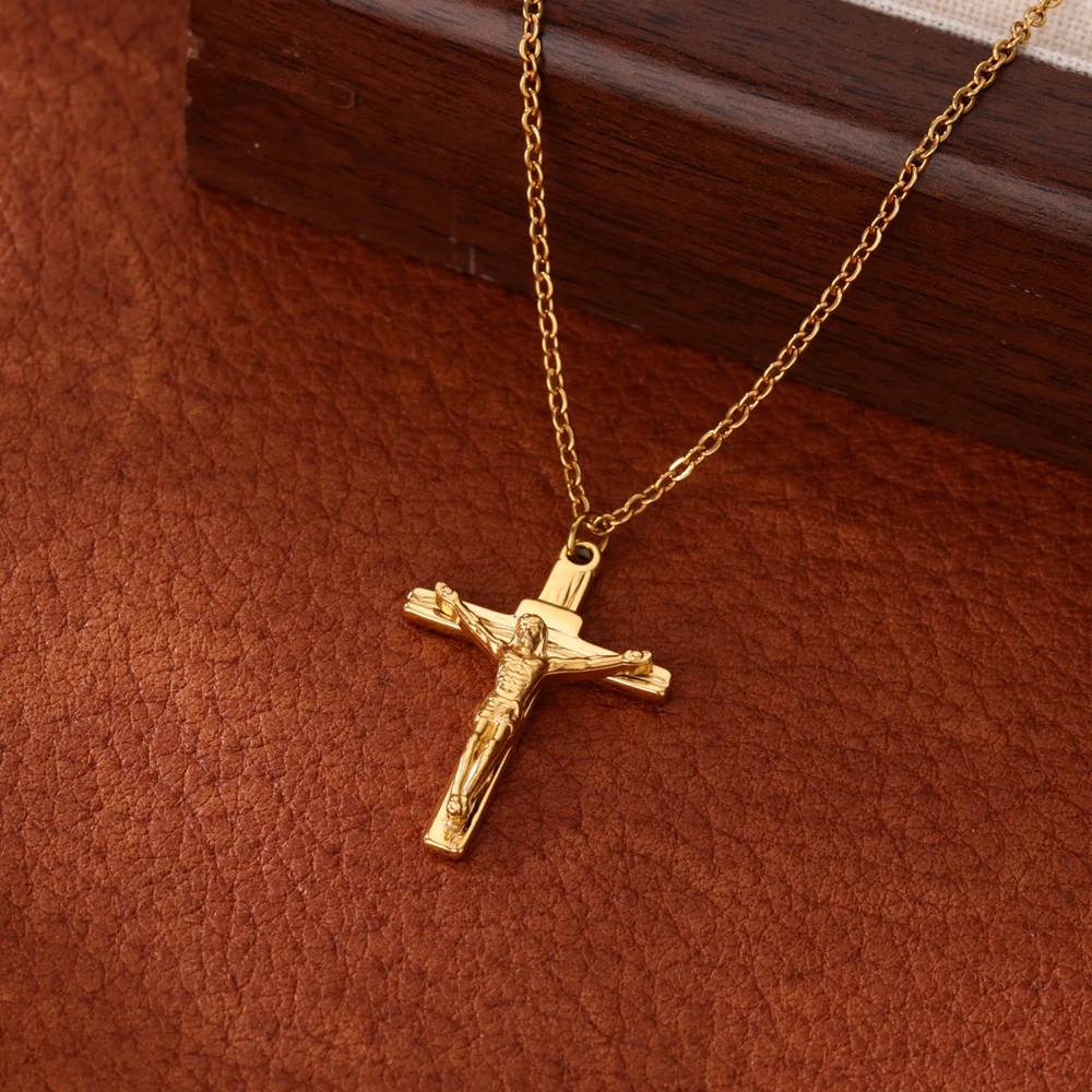 Gold Color Jesus Cross Necklace For Women Men Caravaca Angels Crucifix Charm Choker Stainless Steel Rapper Jewelry Hip Hop Gift