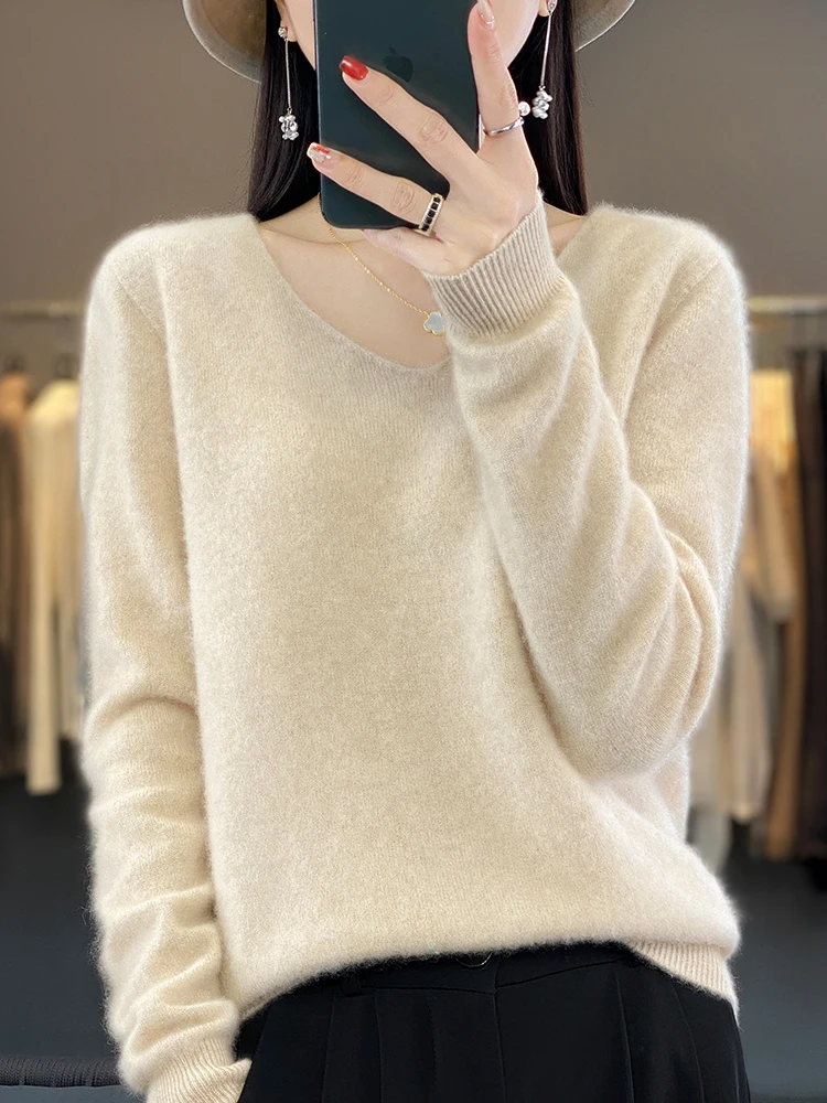 

Long Sleeve Women Sweater V-neck Pullover Autumn Winter 100% Merino Wool Basic Solid Knitwear Feamle Clothing Bottom Shirt Tops