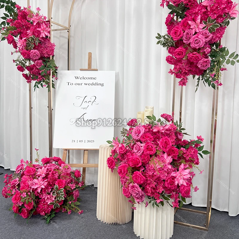 

Ярко-розовая свадебная роза, гортензия, зеленый лист, подвесная цветочная композиция, фон, рамка, центральные украшения для стола, шар, цветочный декор, событие