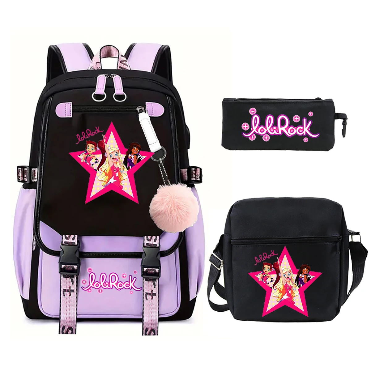 3Pcs/set LoliRock Cartoon Printed Backpack Boys Girls Schoolbag Outdoor Backpack Students Rucksack Comfortable Travel Mochila