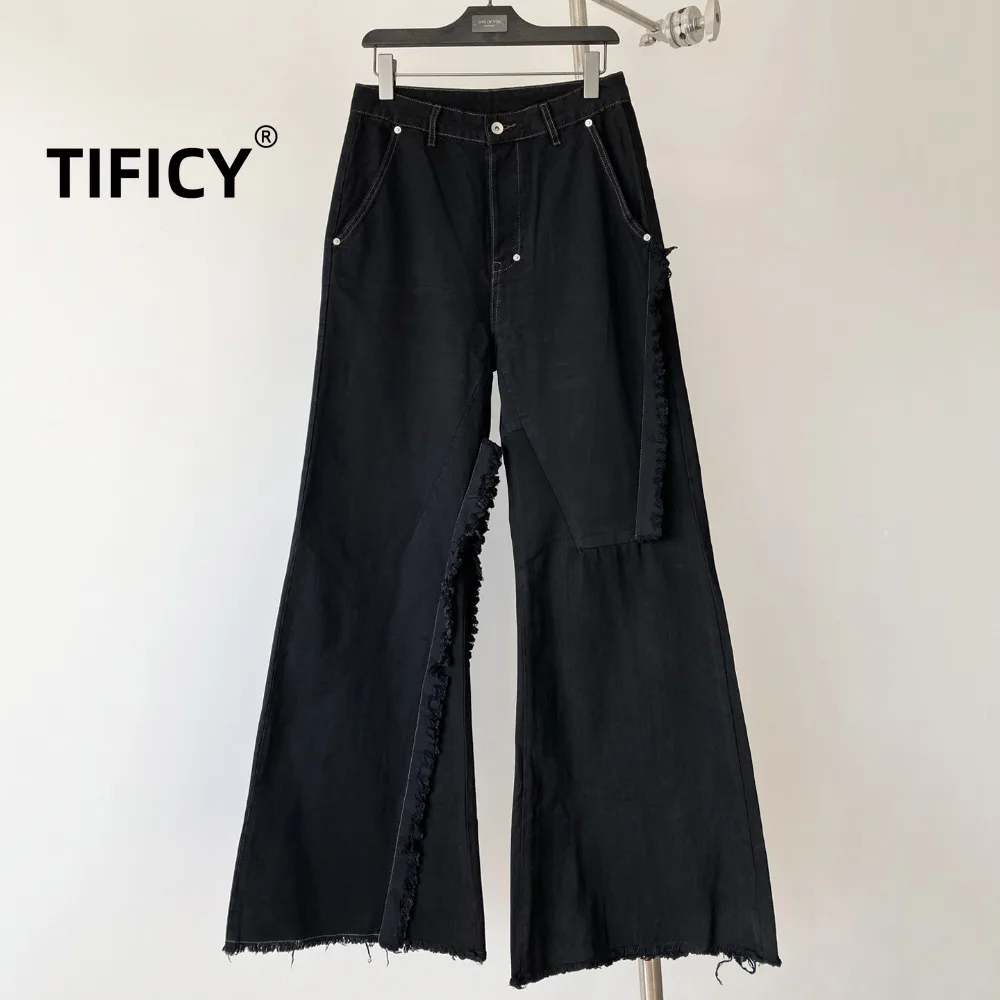 

High Street Black Patchwork Fringed Jeans Pants Men's RO Style Stacked Floor Length Flared Pants Long Denim Pants