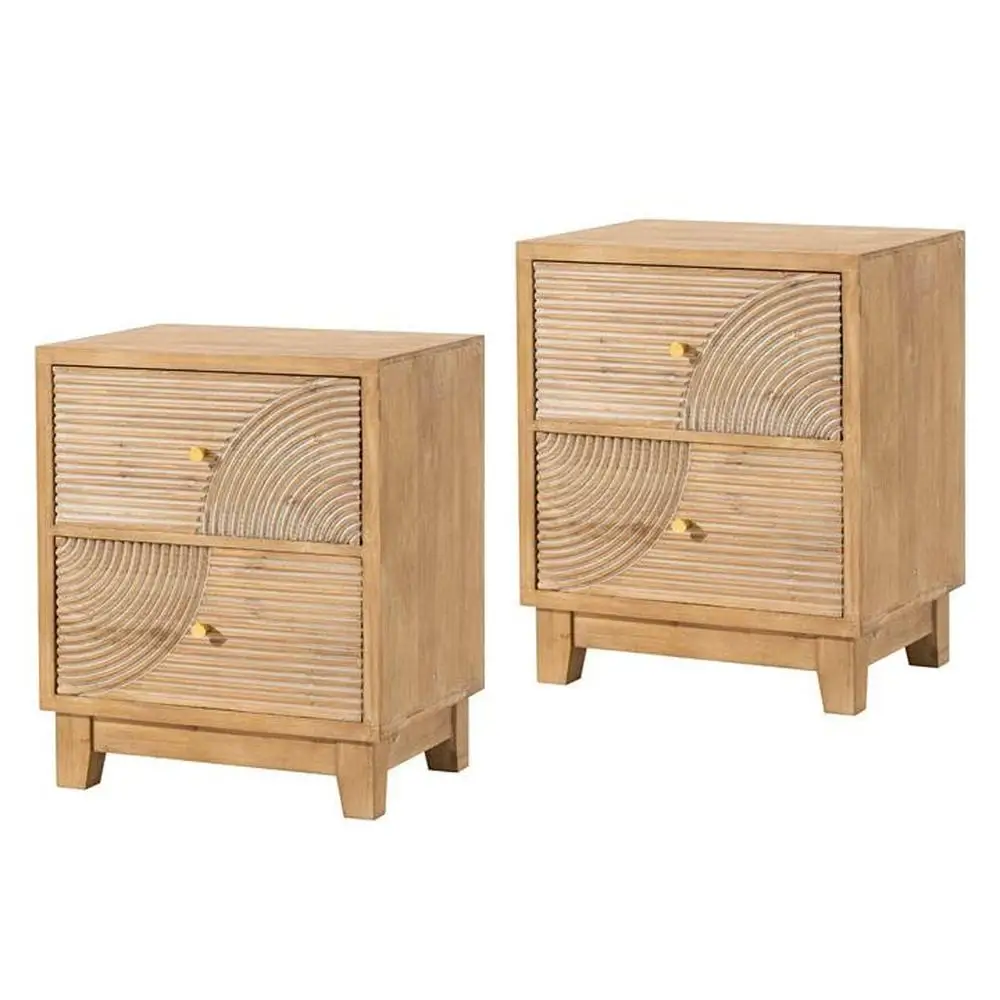 Handcrafted Wood Ring Pattern 2-Drawer Mid Century Farmhouse Nightstand Set of 2 Rustic Organizer Smaller Items Fully Assembled