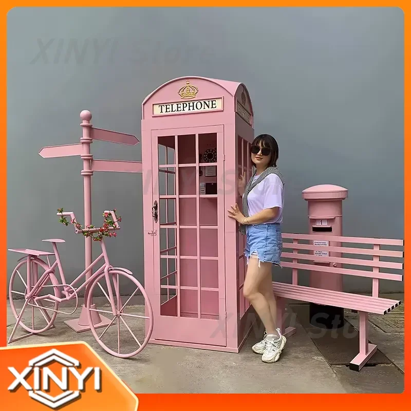 for Wrought Iron Retro Phone Booth Set for Industrial Style Decor Outdoor Garden Furniture 6 Piece Set Mailbox Bike Guide
