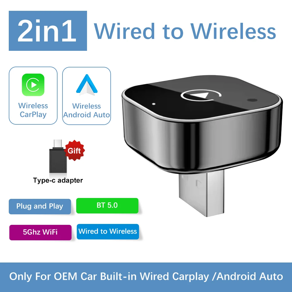 2-in-1 draadloze CarPlay & Android Auto adapter, bedrade naar draadloze CarPlay dongle, plug-and-play voor auto's met fabrieksmatig bedrade CarPlay, auto-accessoires, cadeaus voor mannen/vrouwen,