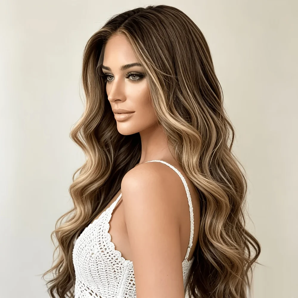 Soft Glueless Wave Long 24inch Ombre Highlight Blond 180 Density HD lace front wig for women's Heat Resistant Preplucked Daily
