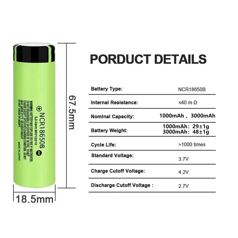 2024 Newest Super Strong Power NCR18650B 3.7V 1000/3000mah 18650 Lithium Rechargeable Battery For Electric Drill Toy Car Camera