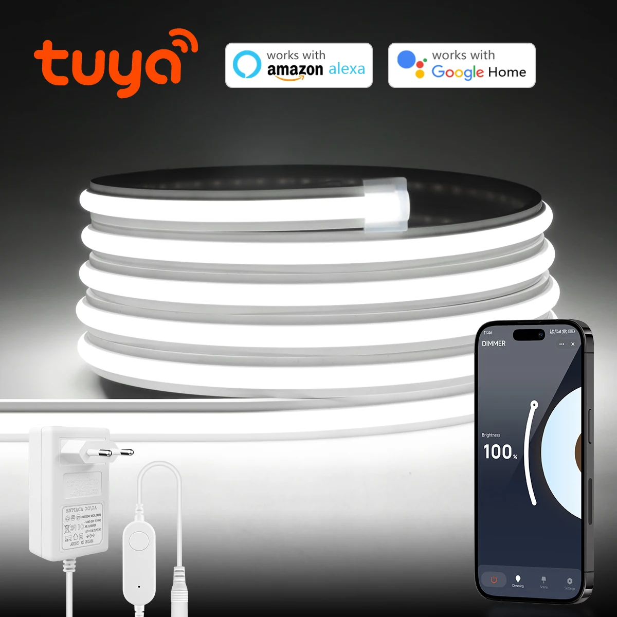 

Униформа Soft Glow, Tuya Smart Life WiFi COB Неоновая светодиодная лента 24 В Премиум силиконовая трубчатая лента для ламп работает с Alexa Google Home