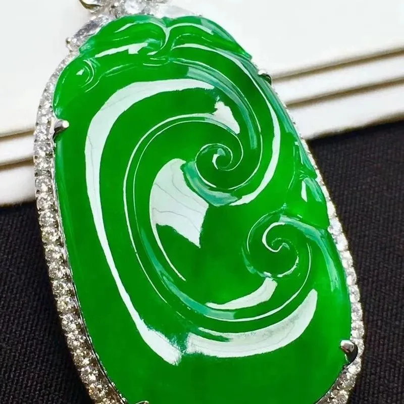 Emerald with diamond inlay, Burmese ice jadeite, full-color sunny green Ruyi pendant