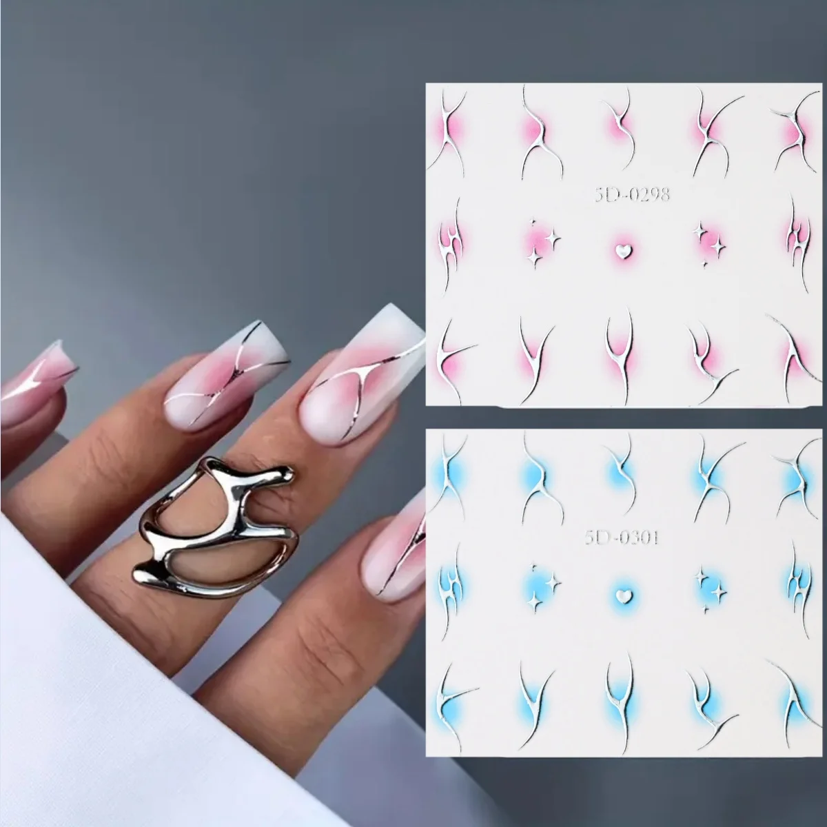 1pc 3D Metallic Gradient French Nail Stickers Geometric Oval Rainbow Blush Nail Art Decals Pre-Stick Irregular Line Manicure DIY