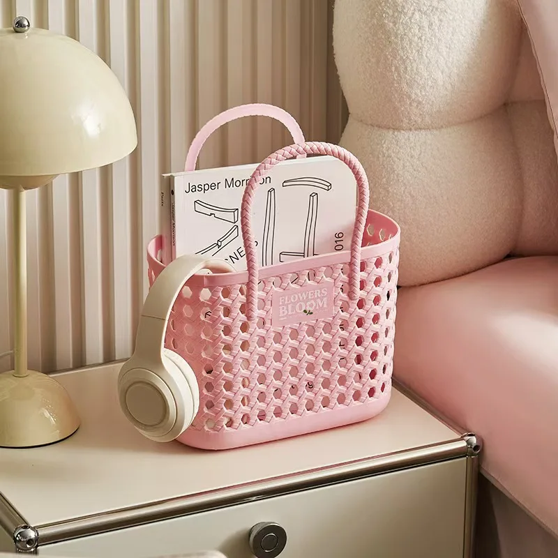 Plastic Woven Storage Basket with Handle Hollow Breathable Tote for Bathroom Kitchen Laundry Grocery Shopping Picnic Decor