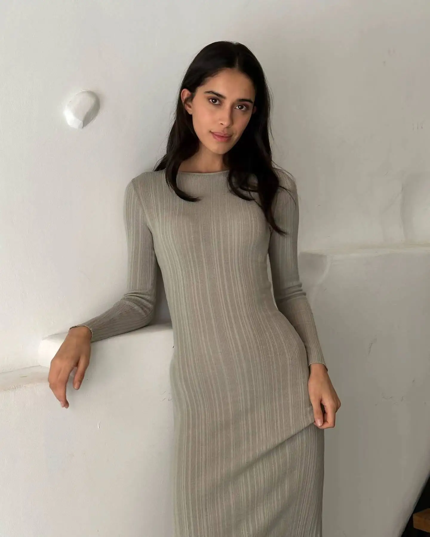 Rabbit velvet core sand slimming long sleeved knitted long dress casual waist cinching messy pit strip women's long skirt