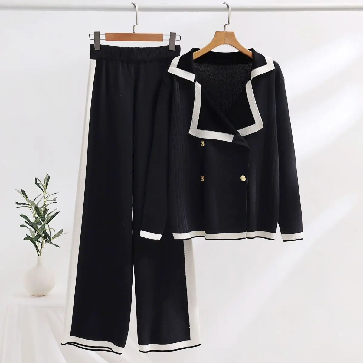 New Knitted Wide Leg Pants Two Piece Set Small Contrast Polo Collar Single breasted Knit High Waist Pants Valentine's Day E1490