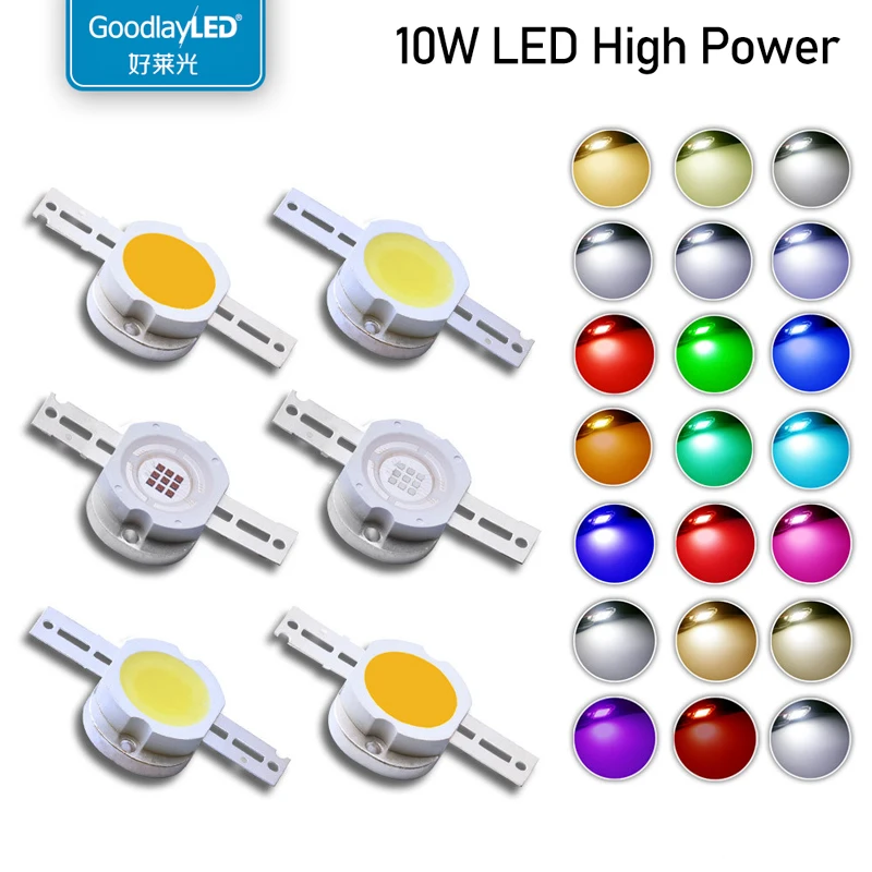 LED lamp beads high-power integrated 10W round red, green, blue, warm white, yellow, ultraviolet, infrared floodlight ceiling li