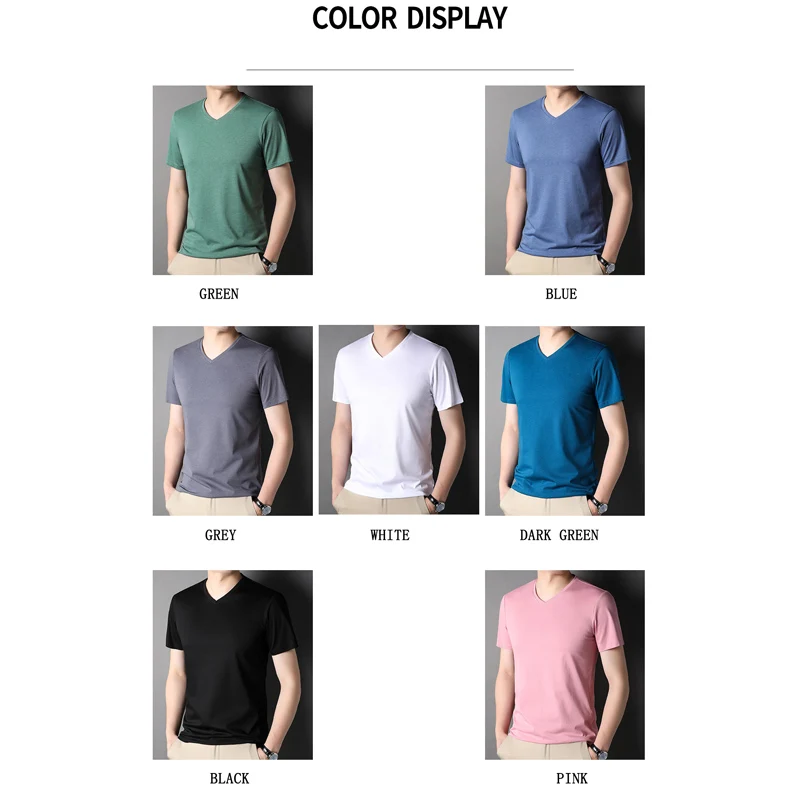 BROWON Brand Mulberry Silk T-shirt Men 2024 Fashion Summer Thin Short Sleeve Men Tshirt Solid V-Neck Collar Regular Men Clothing