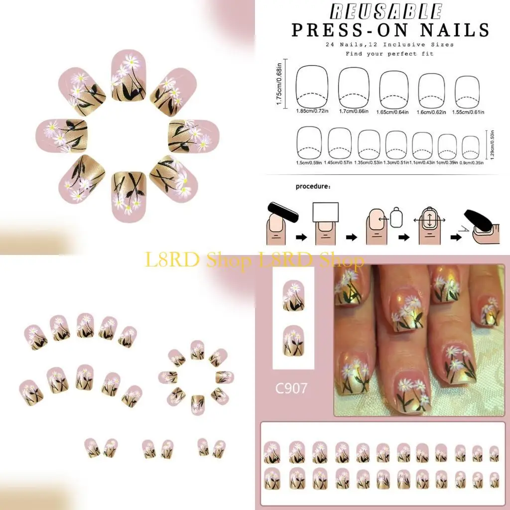 

L8RD 24pcs Short Press On With French Tip False Full Cover on Spring Manicure Art For Easy Use
