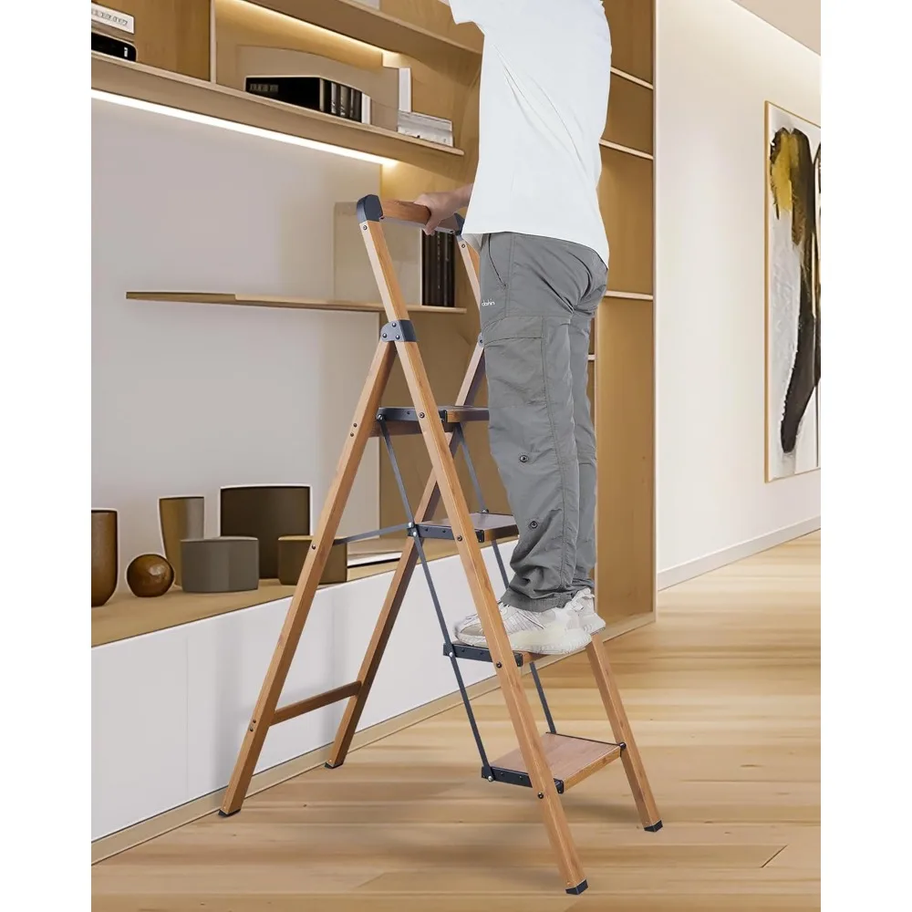 Antypoślizgowy, przenośny, wytrzymały, 4-stopniowy aluminiowy składany stołek z wykończeniem imitującym drewno do użytku domowego, kuchennego i biurowego.