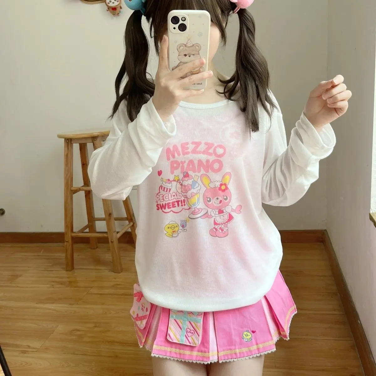 Cartoon Mp Sweet Girl Daughter's Clothing Japanese Cute Core Cartoon Long Sleeved Sunscreen Smock Micro Transparent T-shirt