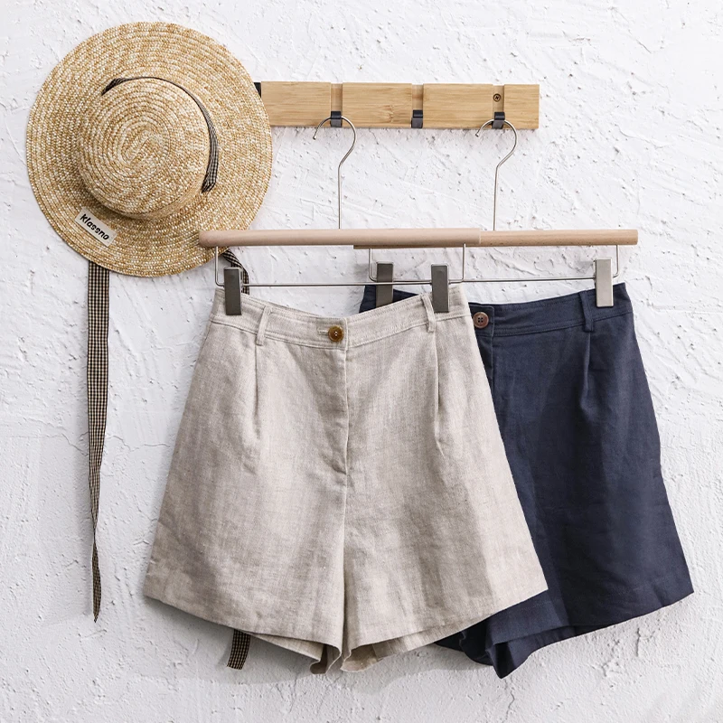 2024 Summer 100% Linen Women'S Shorts Casual High Waist Wide Leg Button Up Elegant Ol Short Pants Femme