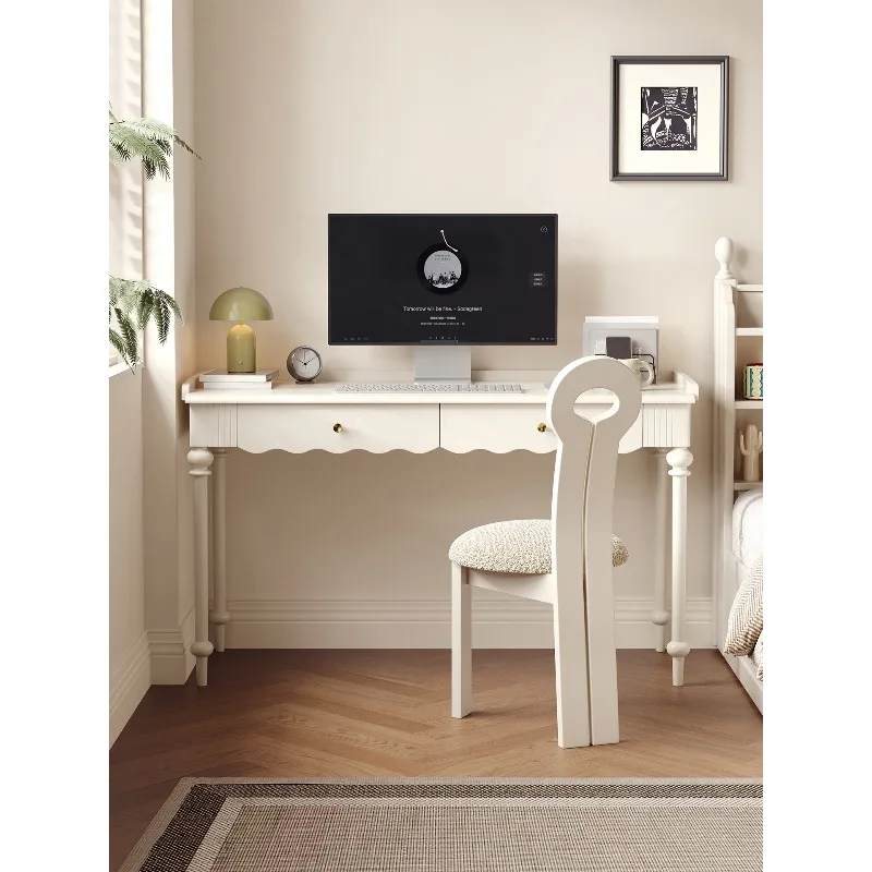 French-style white vintage style solid wood rectangular desk and chair combination, small studio study home, boxwood office desk