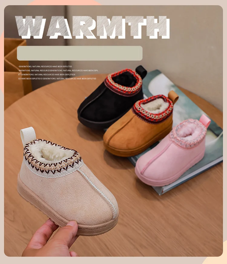 Winter-Babyschuhe: Warme Schneestiefel für Mädchen, Niedrige Baumwollschuhe für Jungen, Kurze Winterstiefel mit Fellfutter, Prinzessinnen-Stiefel mit Wildleder-Obermaterial