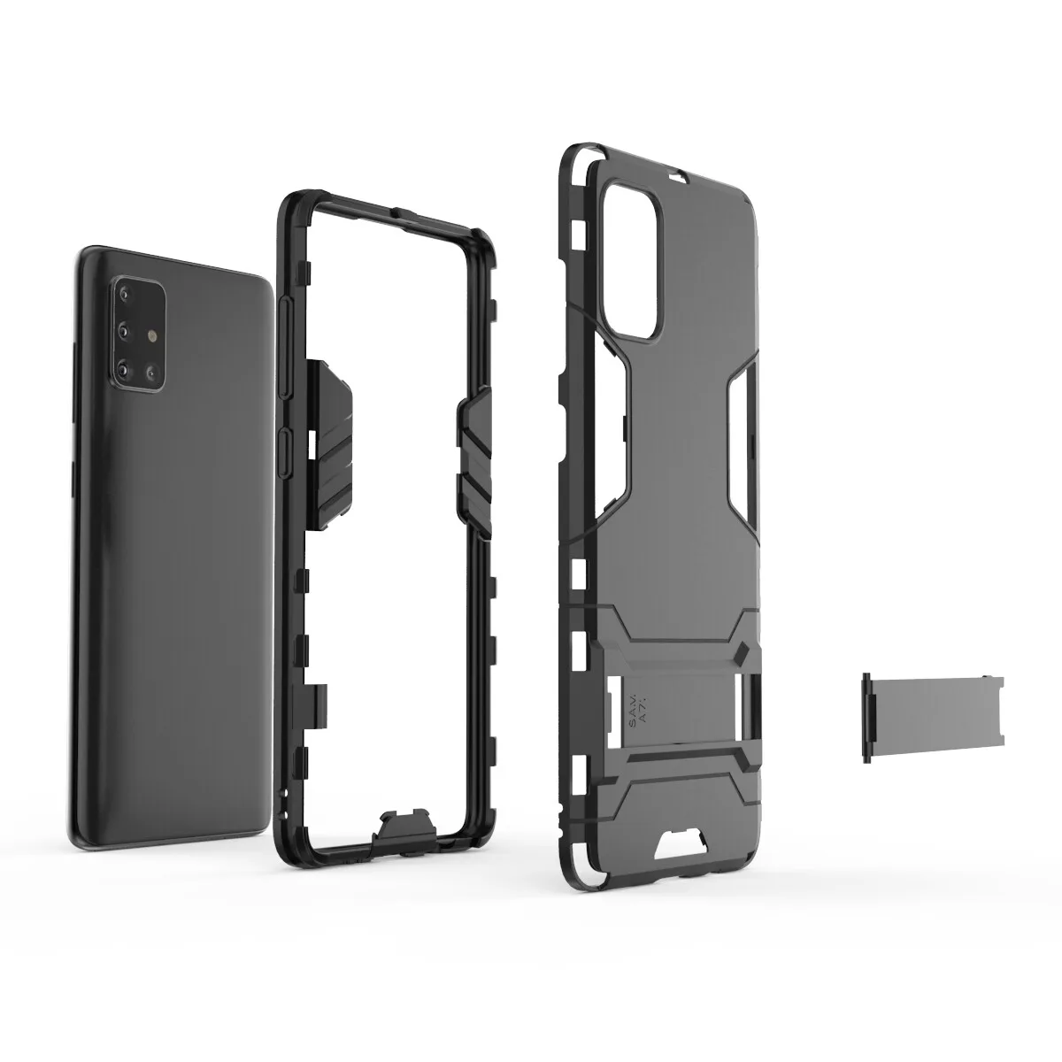 غلاف هاتف 2 في 1 PC + TPU مع مسند لهاتف Samsung Galaxy A71 - أسود
