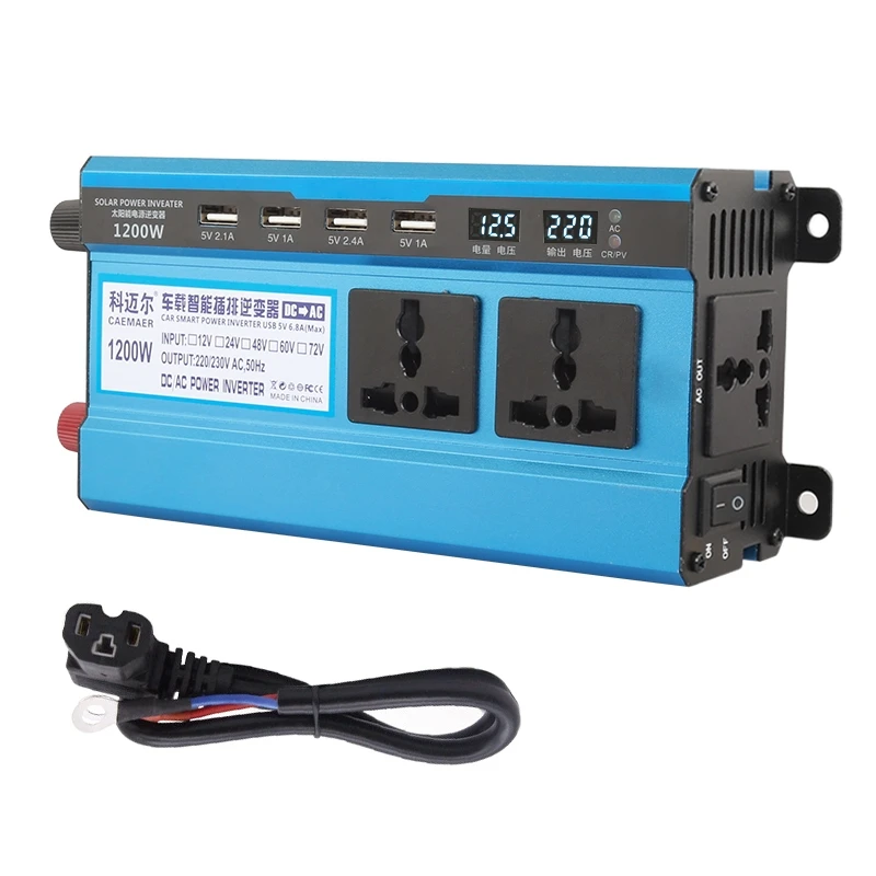 Carmaer 48V to 220V 1200W Double Socket Car Double Digital Display Inverter Household Power Converter