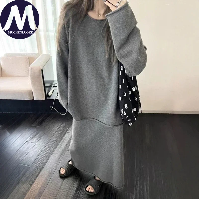 Elegant Women's Lazy Style Two-Piece Set O-Neck Knitted Sweater Skirt Autumn Winter Korean Fashion Casual Loose Fit
