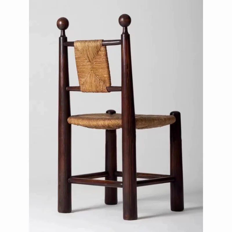 

Medieval solid wood rattan dining chair retro grass rattan home simple homestay cafe leisure rattan back chair