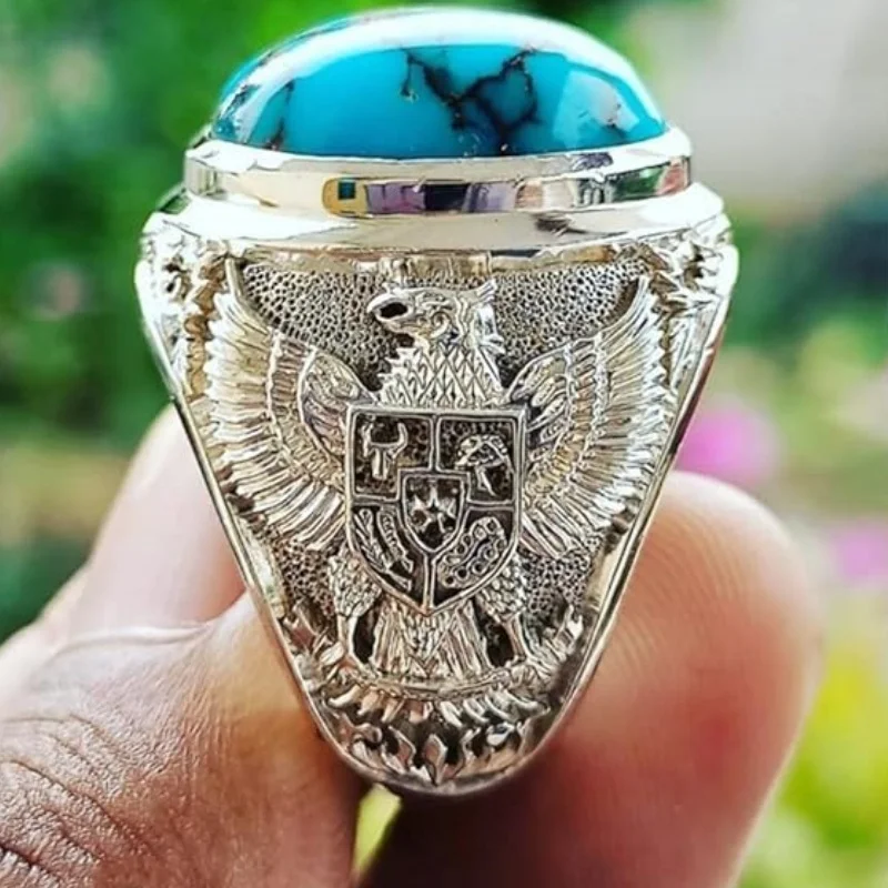 Turkish Handmade Men Vintage Big Turquoise Double Eagle National Emblem Pattern Rings For Men Classic Religion Christian Jewelry