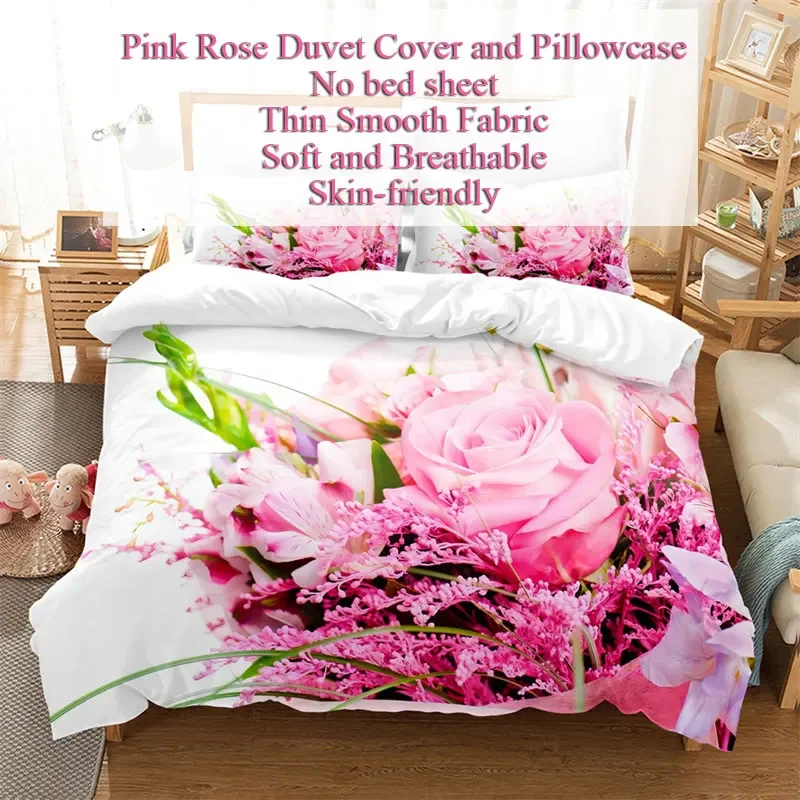 Pink Rose Duvet Cover Set for Single Double Bed 220x240 Flower Quilt Cover with Pillowcase Queen Size Bedding Sets 3PCS 2PCS New