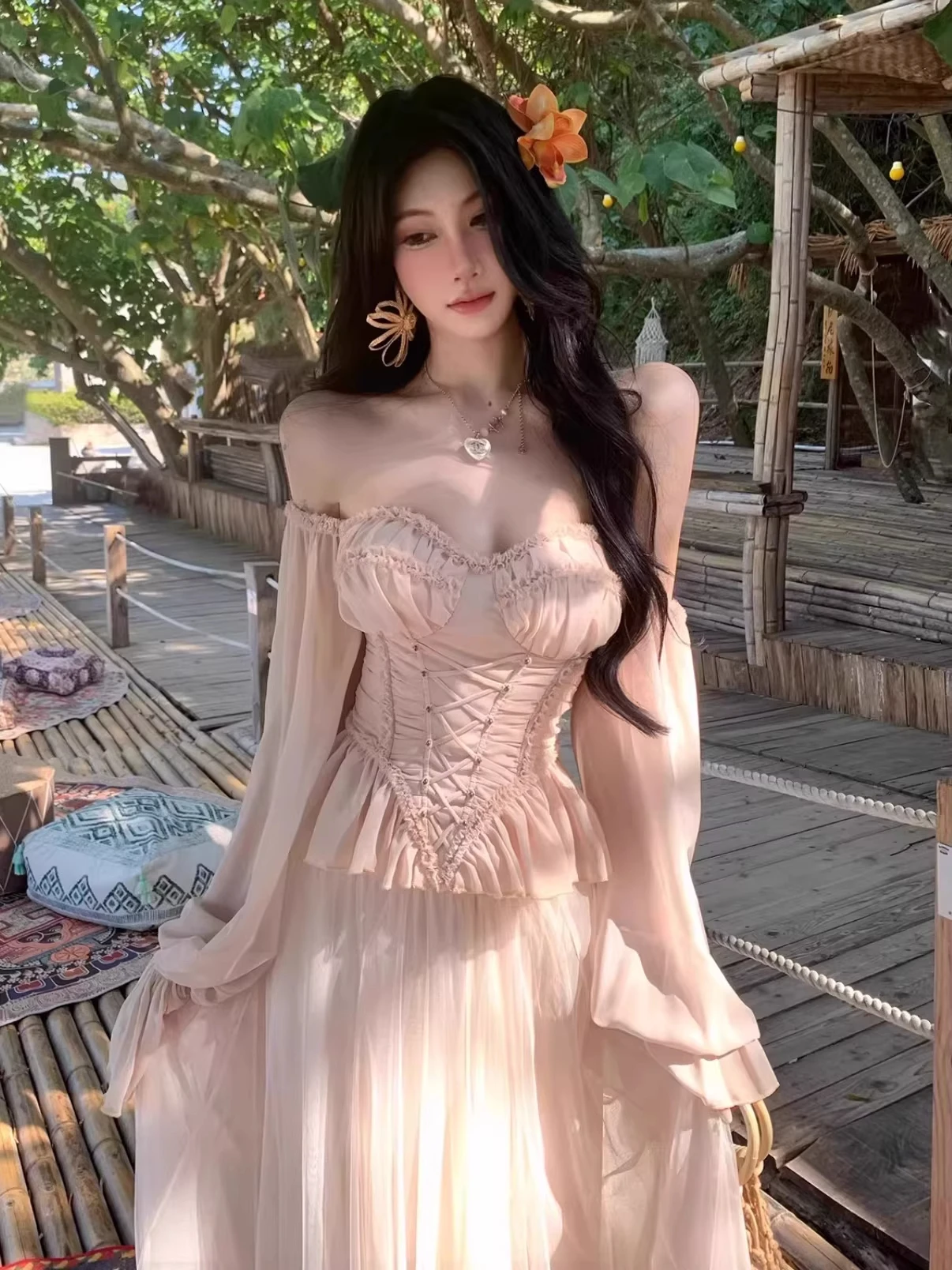 

Sweet Wind Pure Desire Fibone Tie-Dr Women's Design High Waist Slimming Me f Skirt Set Sexy Sle ort Length