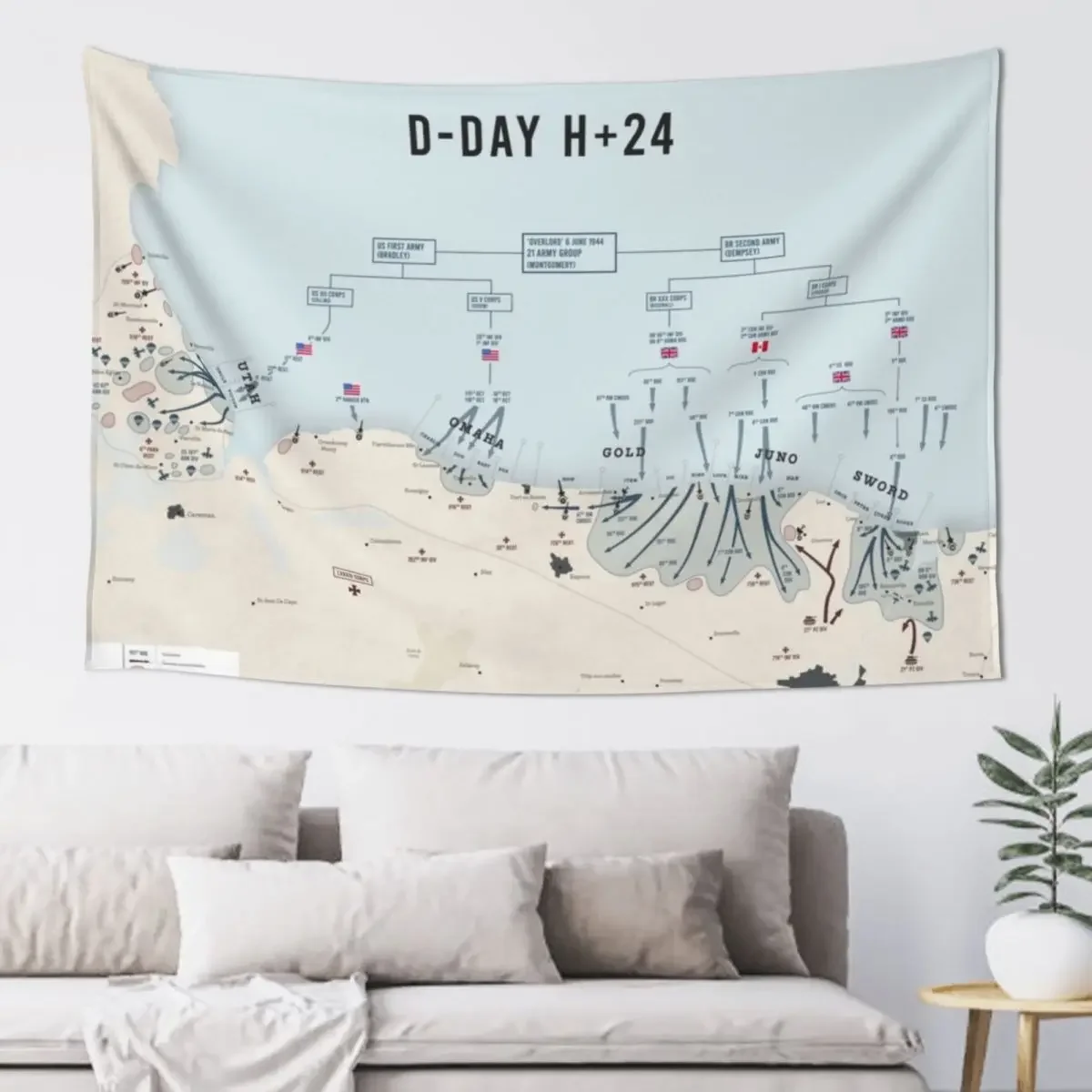 

D-day map poster of Normandy with all beach and airborne landings in detail - Digital print - Operation Overlord Tapestry