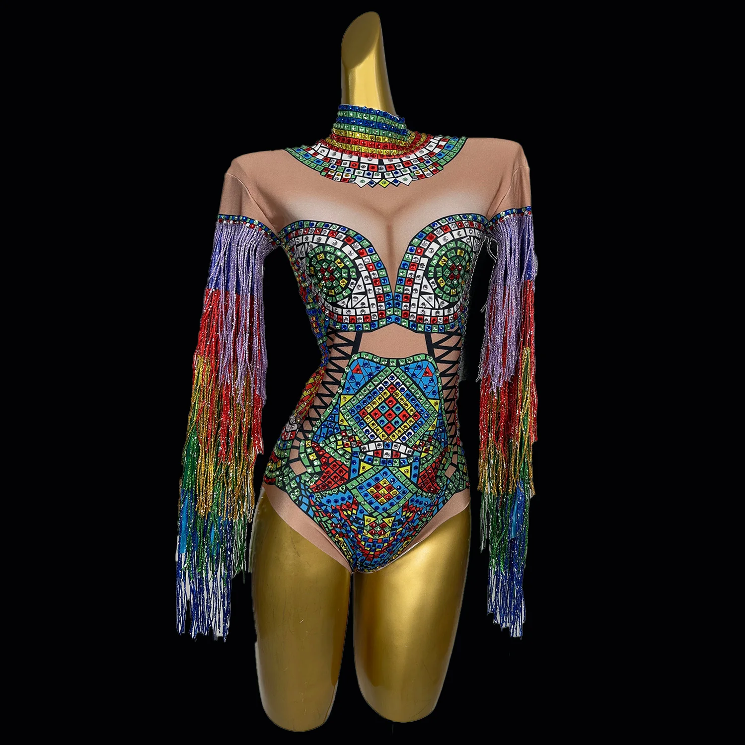 

Women's Sparkly Crystals Sequins Tassel Bodysuit Leotard Female Singer Nightclub Bodysuit Stage Performance Leotard Sexy Costume