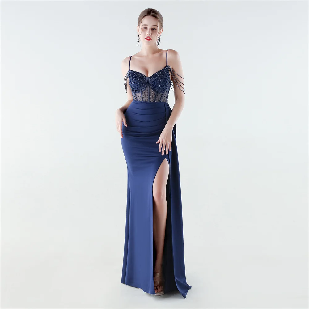 

Women's Sexy Mermaid Evening Dress with Beads Slit Tassel Long Formal Party Occasion Dress Mesh Surface for Gala