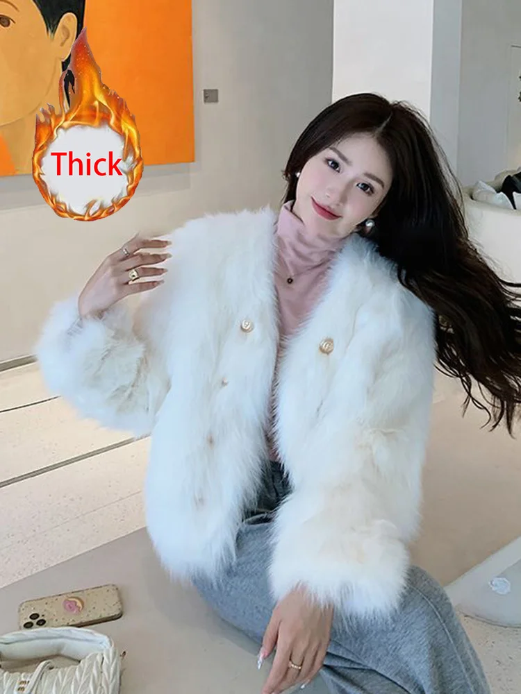 Witte Dikke Faux Fox Jas Vrouwen Zoete Lange Mouw Chique Elegante Jas Koreaanse Casual Faux Fur Vrouwelijke V-hals Winter Warm Uitloper