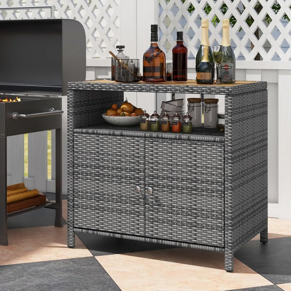 RELAX4LIFE Barschrank für den Außenbereich aus Korbgeflecht – PE-Rattan-Terrassen-Bartisch mit Arbeitsplatte aus Akazienholz, offenes Regal und 2 Türen, Buffet-Sidebox
