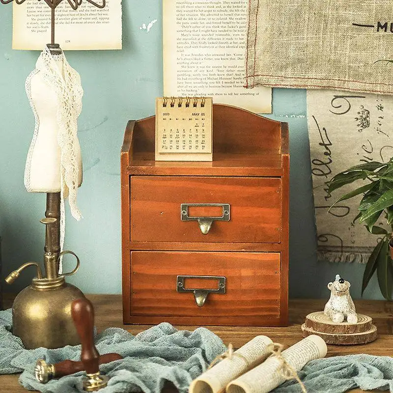 

Drawered Wooden Storage Box Multi-layer Office Desk Small Box Bookshelf Organizer Retro Style Home Storage Solution