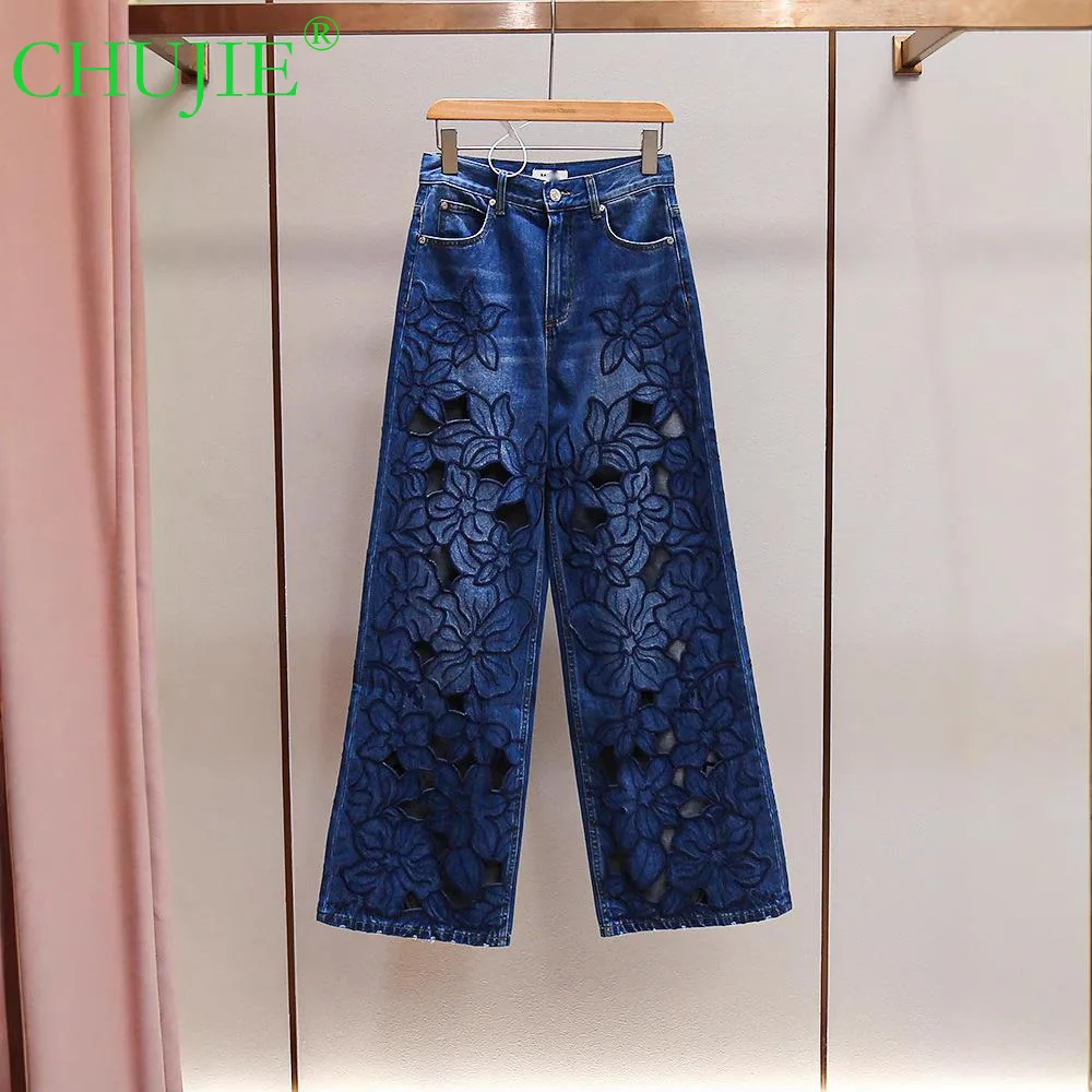 

CHUJIE Summer New Style Fashion Temperament Design Sense Flower Embroidery Hollow-out Jeans For Women