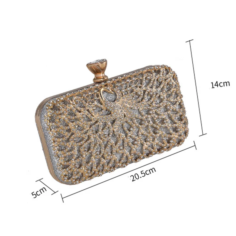 Hollow Out Metal Peacock Shape Handbags New Sequin Rhinestone Evening Party Clutch Bag Black Gold Silver Wedding Clutches Purse