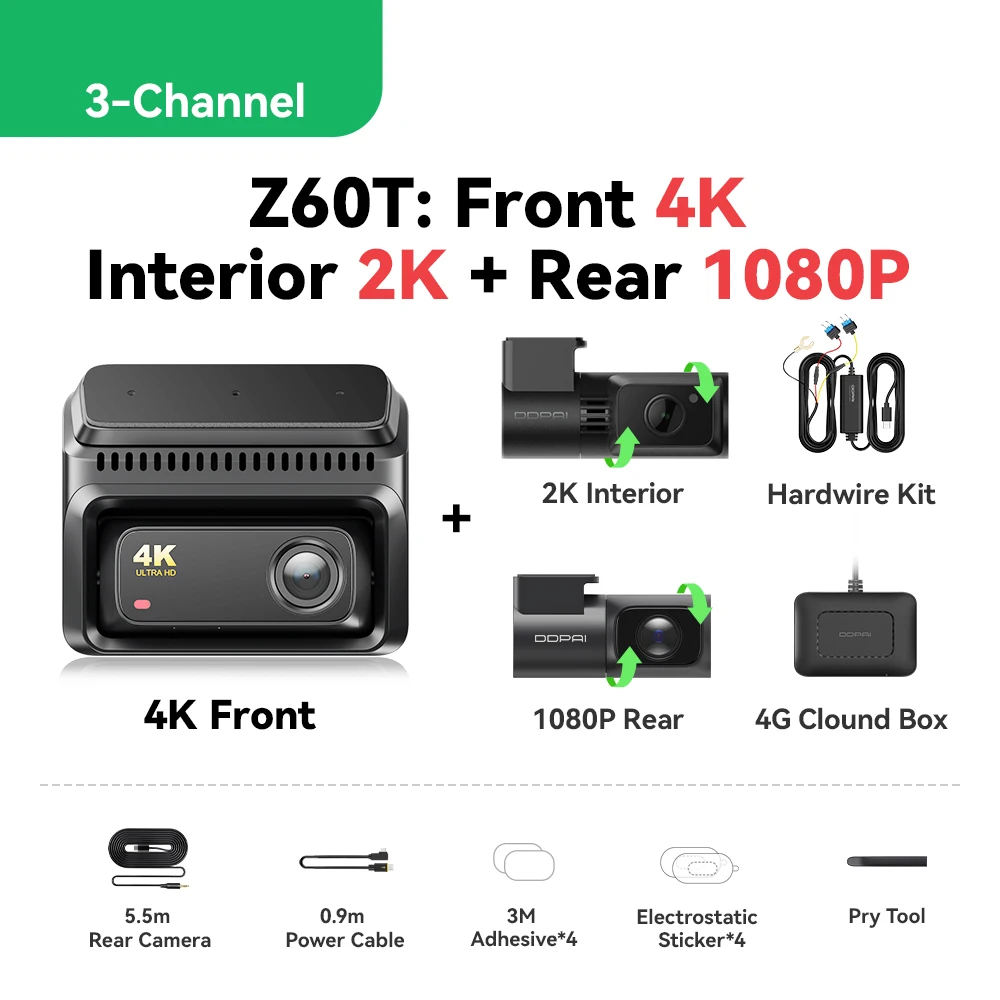 DDPAI Z60T Dashcam 3-kanaals HDR Front 4K Achter 2K Interieur 1080P Nachtzicht ADAS GPS WiFi 6 24-uurs parkeerbewaking Auto DVR