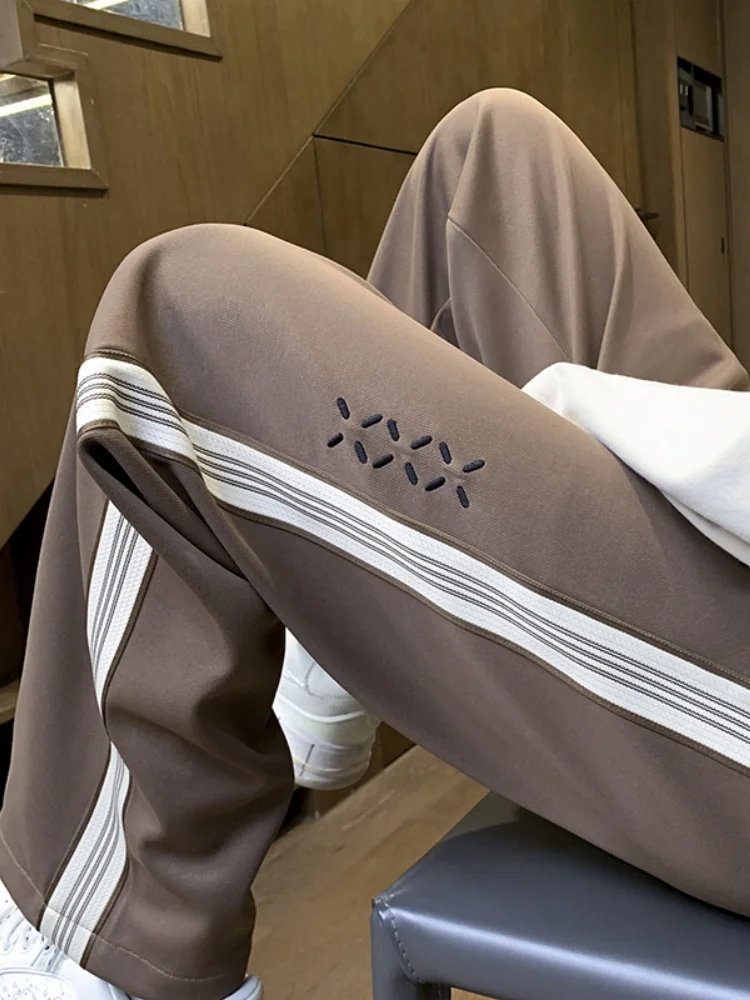 

Мужские повседневные брюки с широкими штанинами, весенне-осенние, в полоску, свободного кроя, прямые, спортивные, для подростков, в стиле кэжуал