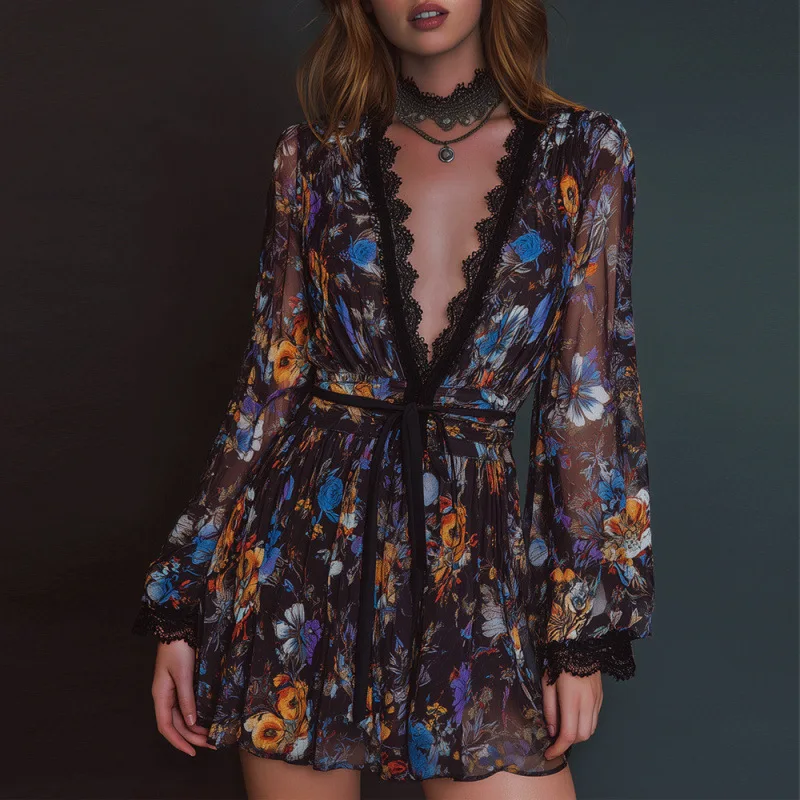 

Vintage Flower Print Mesh Dresses Women Lace Trim Patchwork Deep V-neck Mini Dress Fashion Temperament Elegant Lady Vestidos