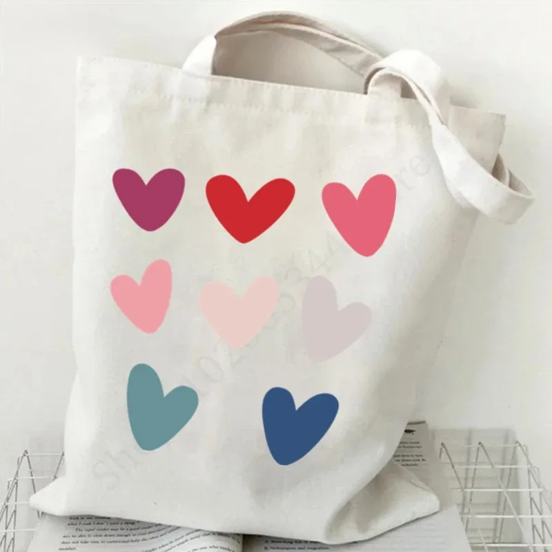 

Heart Pattern Canvas Tote Bag With Floral Colorful Sweet Elements Shoulder Bag Romantic Accessory For Shopping Daily Use
