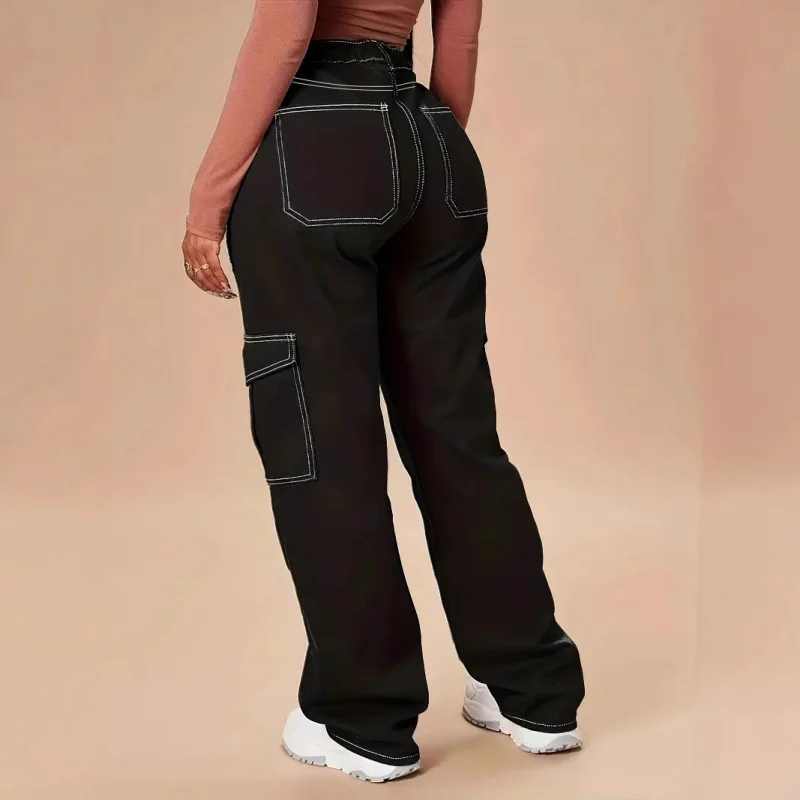 Jean de Style européen et américain pour femmes, ample, jambes larges, Cargo, multi-poches, taille haute, amincissant