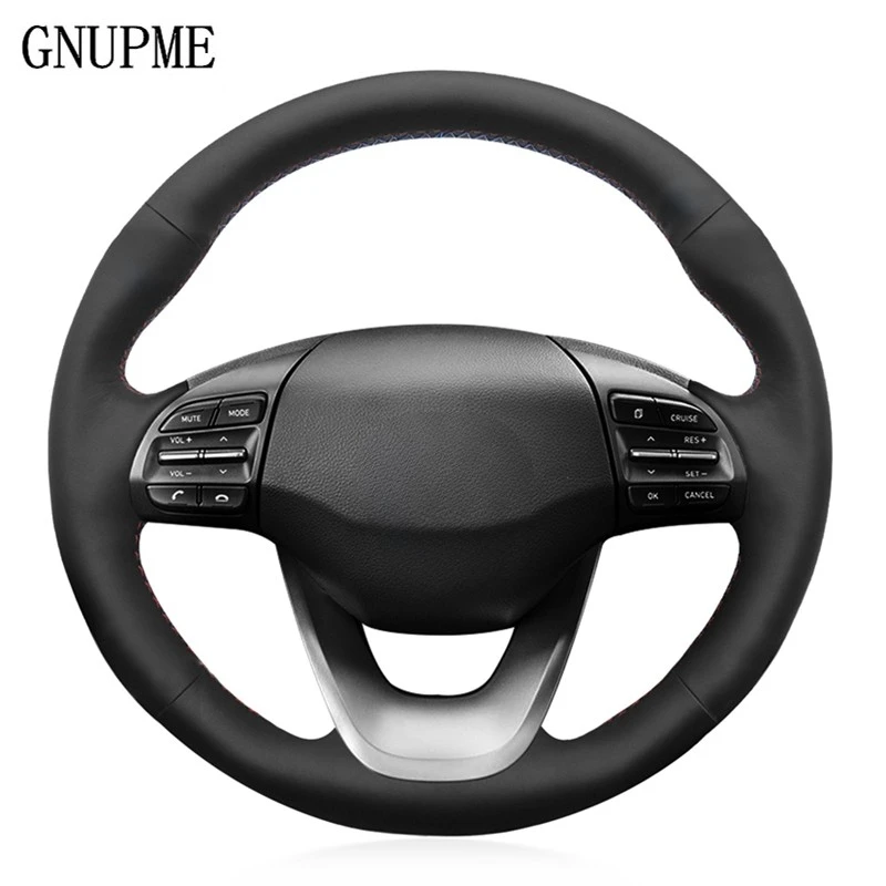 DIY Hand-stitched Black Artificial Leather Car Steering Wheel Cover for Hyundai Kona 2017 2018 2019