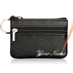 Genuine Cow Leather Mini Women Wallets Name Engraving Card Holders Small Female Purse Zipper Coin Pocket Unisex Wallet