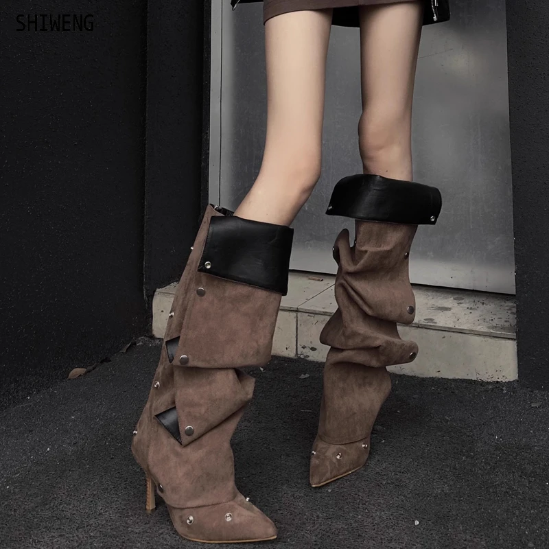 2024 Women Metal Buttons Spliced Denim Boots  Women Fashion Show Folding High Barrel Boots Auto Show Model Fashion Boots